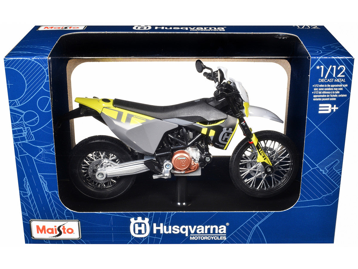 2023 Husqvarna 701 Supermoto Motorcycle Matt Black and Gray with Yellow and White Accents with Display Base 1/12 Diecast Model by Maisto LuxuryLifeWay Online Store