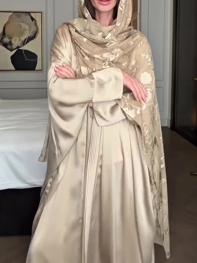 Light Beige Satin Floral Jacquard Pleated Longline Kimono Cardigan NorixaFashion.com