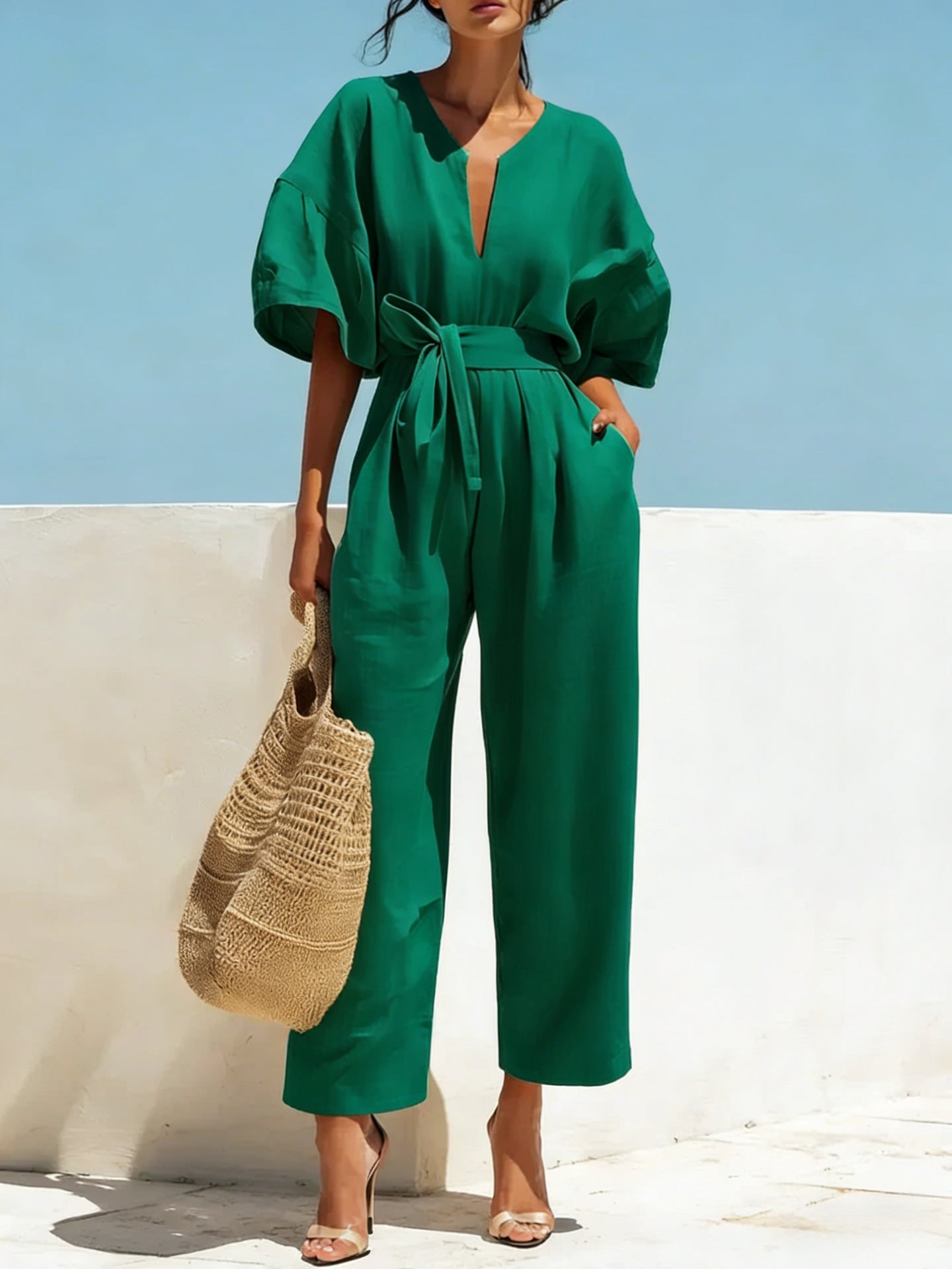 Fashionable V-Neck Solid Color Cotton-Linen Jumpsuit For Women LadyShow.Store