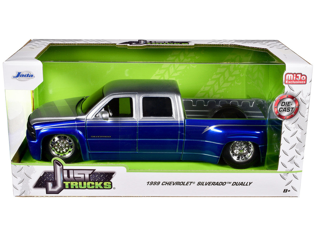 1999 Chevrolet Silverado Dually Pickup Truck Blue Metallic and Silver with Stock Wheels "Just Trucks" Series 1/24 Diecast Model Car by Jada LuxuryLifeWay Online Store