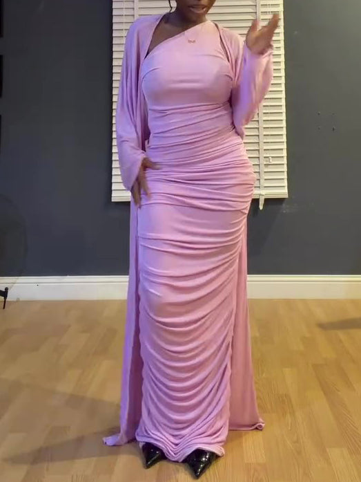 Draped Ruched One Shoulder Maxi Dress & Matching Shawl 2-Piece Set NorixaFashion.com
