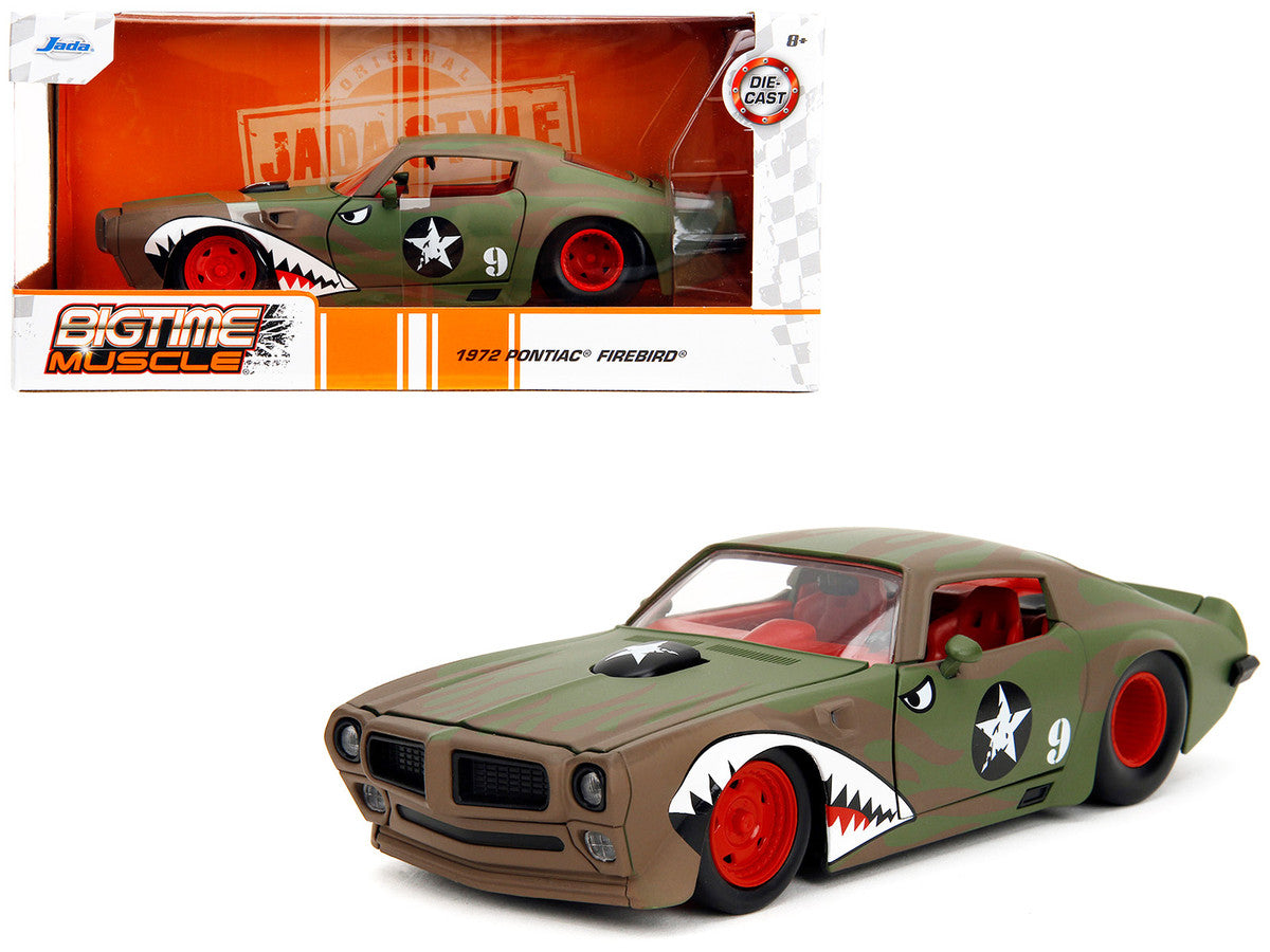 1972 Pontiac Firebird #9 Green Camouflage Flames with Graphics and Red Interior "Bigtime Muscle" Series 1/24 Diecast Model Car by Jada LuxuryLifeWay Online Store