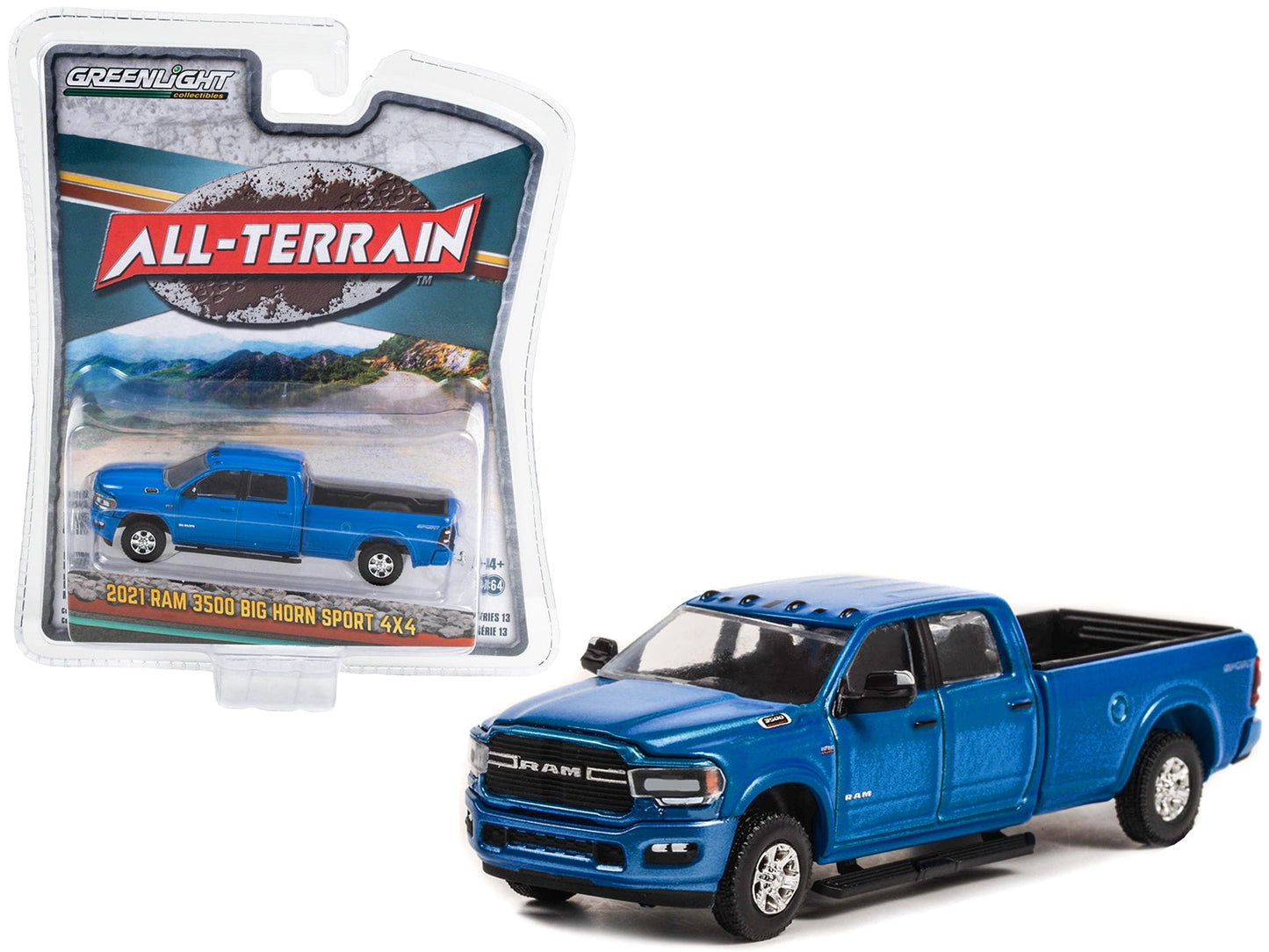 2021 Ram 3500 Big Horn Sport 4x4 Pickup Truck Hydro Blue Pearl "All Terrain" Series 13 1/64 Diecast Model Car by Greenlight LuxuryLifeWay Online Store