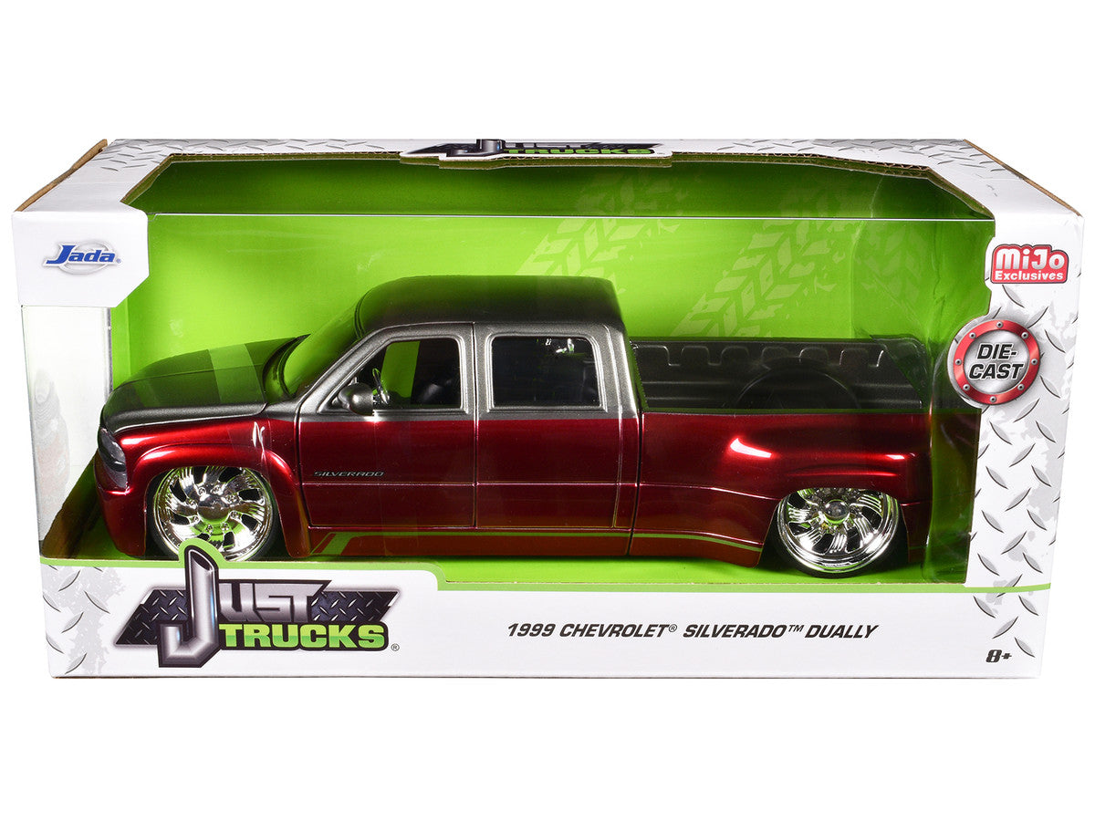 1999 Chevrolet Silverado Dually Pickup Truck Red Metallic and Gray with Custom KMC Wheels "Just Trucks" Series 1/24 Diecast Model Car by Jada LuxuryLifeWay Online Store