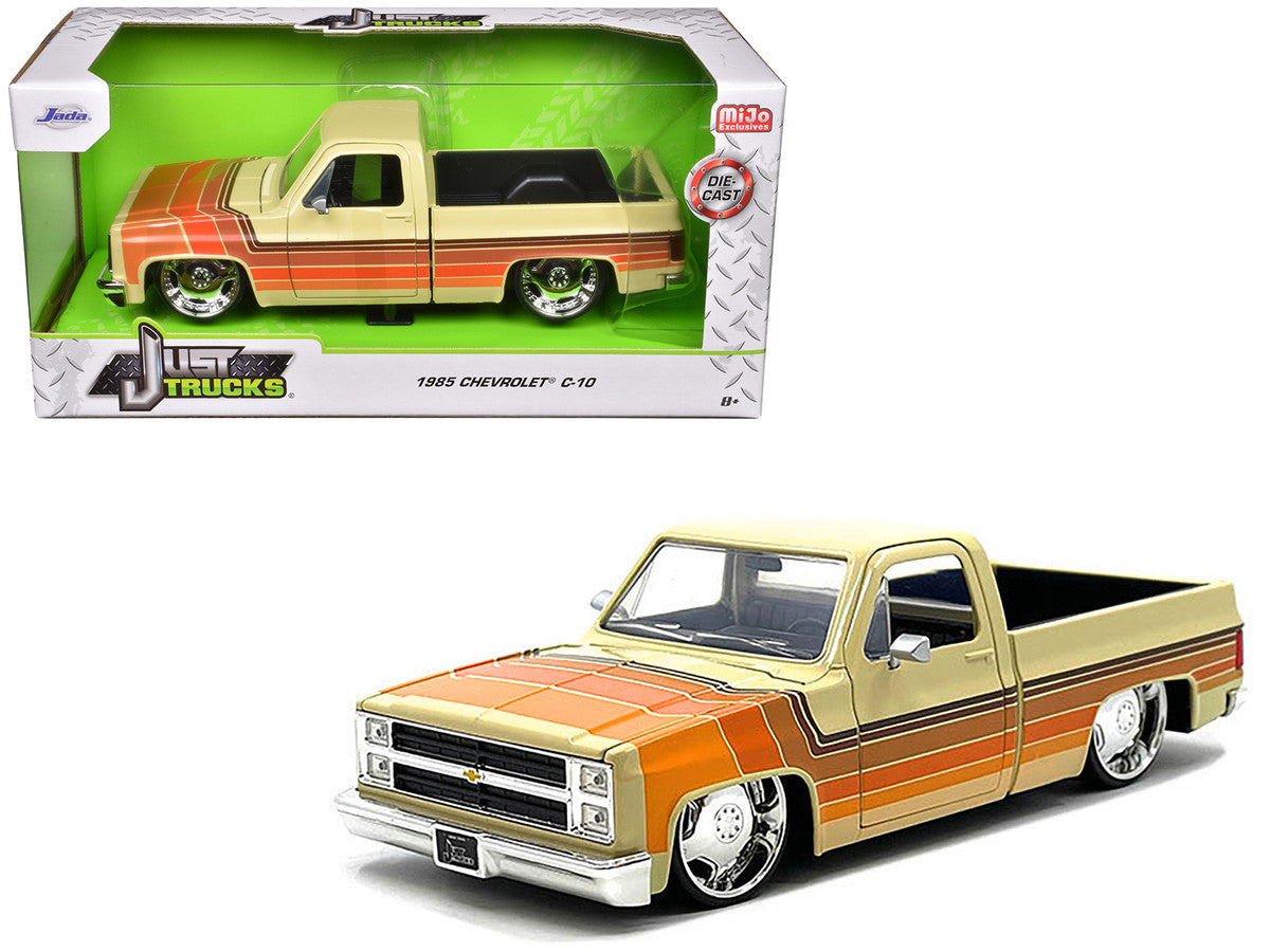 1985 Chevrolet C-10 Pickup Truck Beige with Stripes and Lowenhart Wheels "Just Trucks" Series 1/24 Diecast Model Car by Jada LuxuryLifeWay Online Store