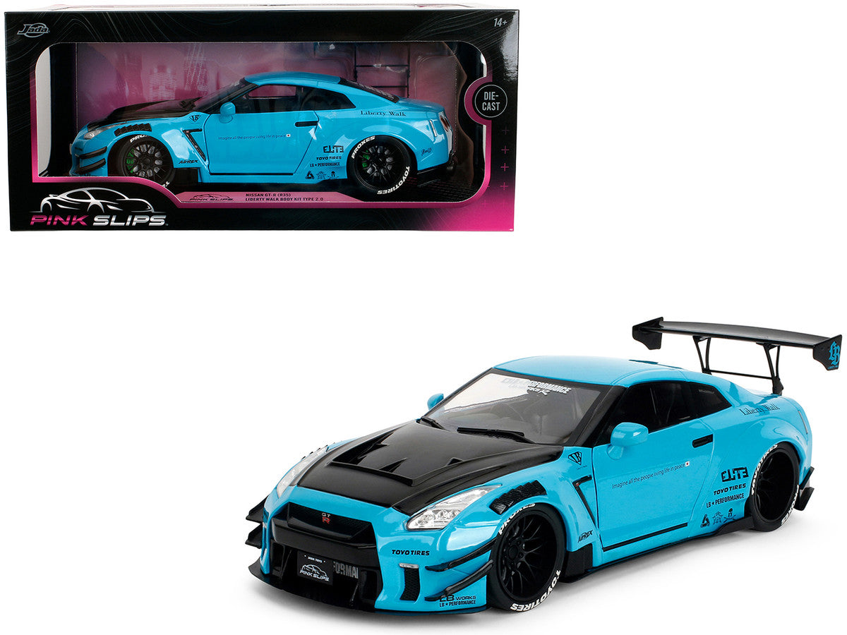 Nissan GT-R (R35) Liberty Walk Body Kit 2.0 RHD (Right Hand Drive) Blue with Black Hood "Pink Slips" Series 1/18 Diecast Model Car by Jada LuxuryLifeWay Online Store