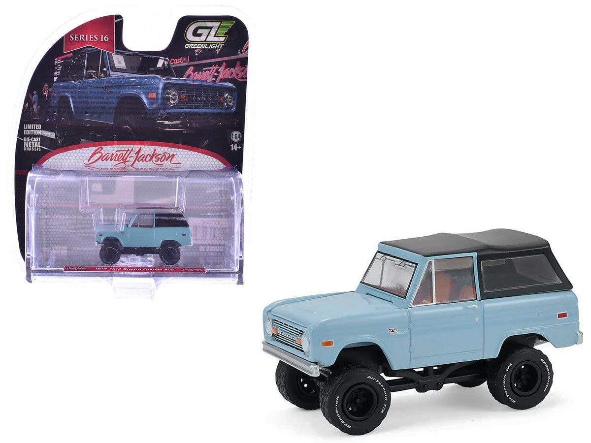 1972 Ford Bronco Custom SUV Light Blue with Black Top "Barrett-Jackson" Series 16 1/64 Diecast Model Car by Greenlight LuxuryLifeWay Online Store