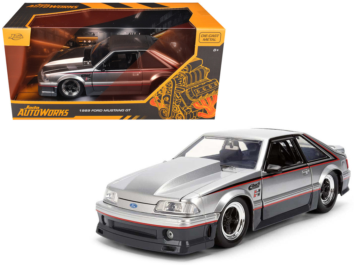 1989 Ford Mustang GT Silver Metallic and Gray with Black and Red Stripes "AutoWorks" Series 1/24 Diecast Car Model by Jada LuxuryLifeWay Online Store