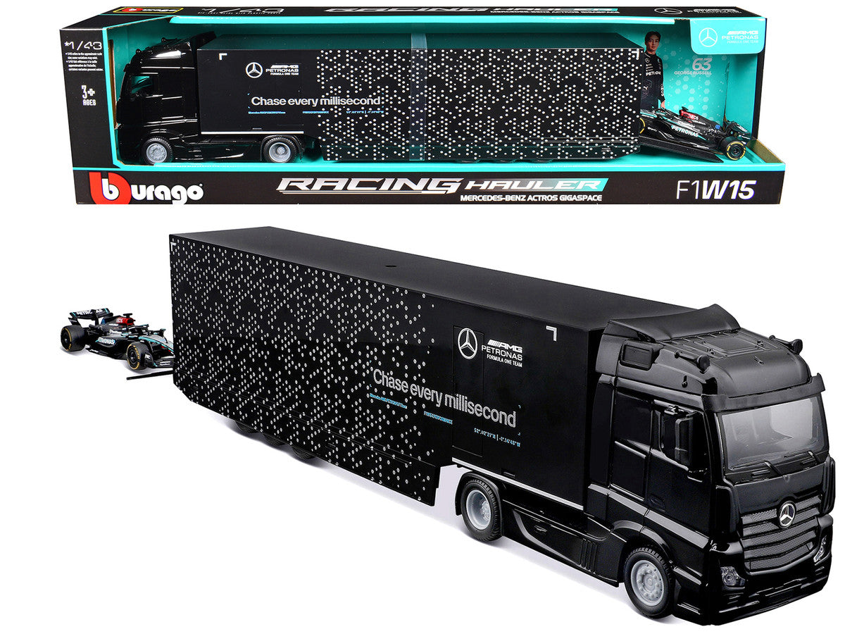 Mercedes-Benz Actros Gigaspace Car Transporter Black and Mercedes-AMG F1 W15 E Performance #63 George Russell "Petronas" Formula One F1 World Championship (2024) "Racing Hauler" Series 1/43 Diecast Model Car by Bburago LuxuryLifeWay Online Store