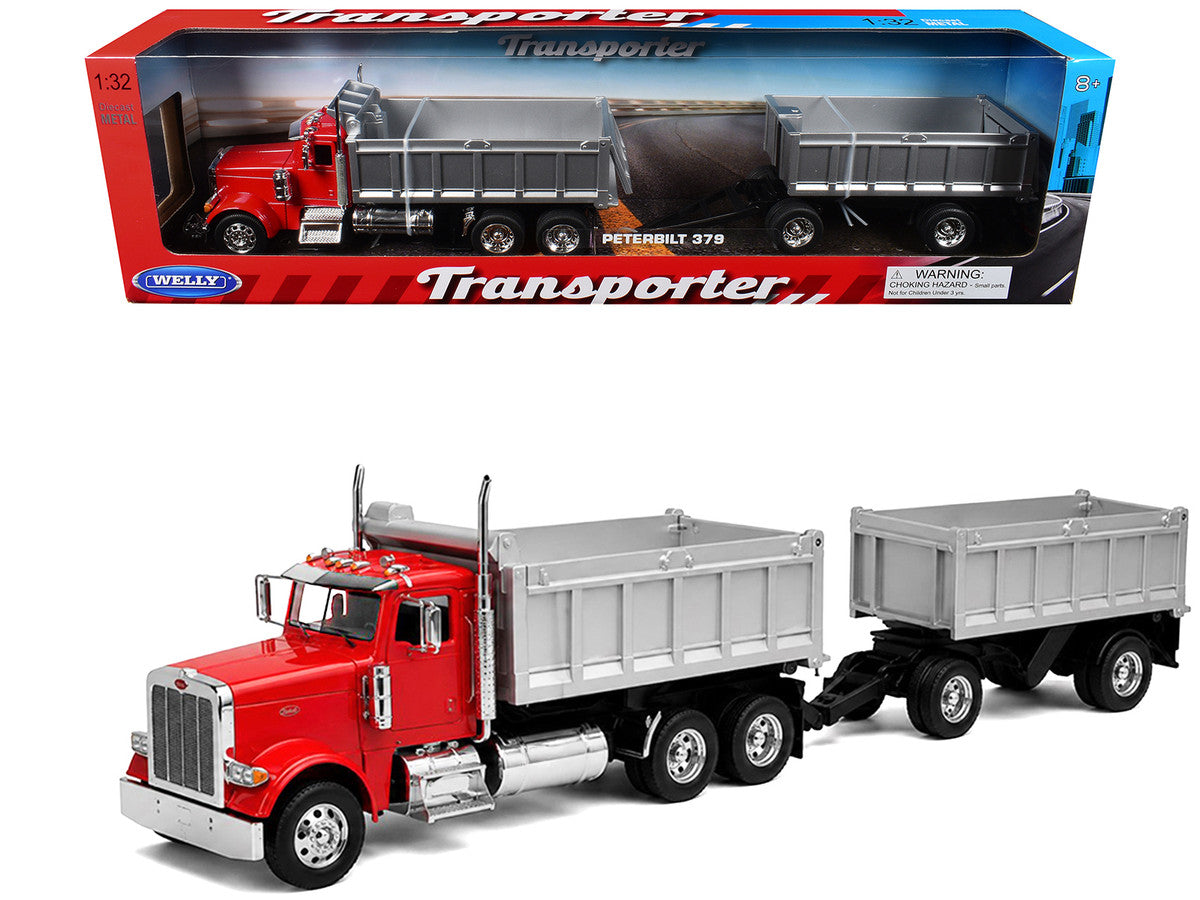 Peterbilt 379 Dump Truck Red with Gray Double Dump Trailer "Transporter" Series 1/32 Diecast Model by Welly LuxuryLifeWay Online Store