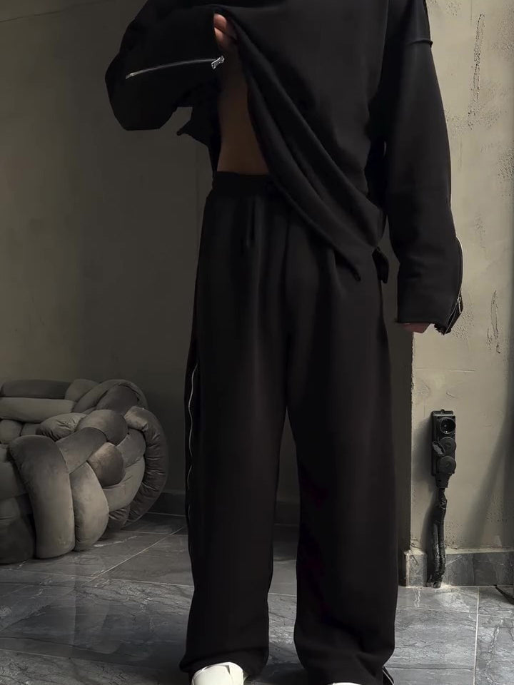 Black Side Zip Detail Oversized Sweatshirt & Wide-Leg Pants Set NorixaFashion.com