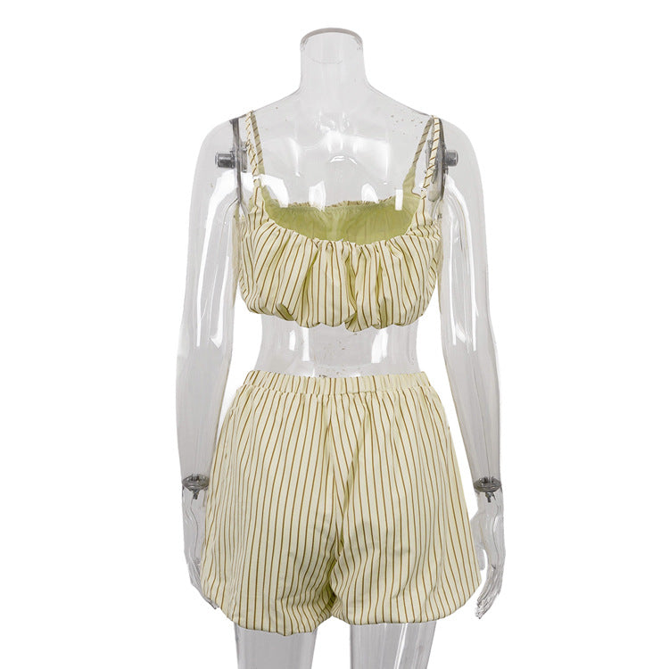 Women's Striped 3 Piece Outfit Set&Oversized Button Down Shirt&Crop Tube Top&Elastic Shorts&Yellow Casual Loungewear NorixaFashion.com