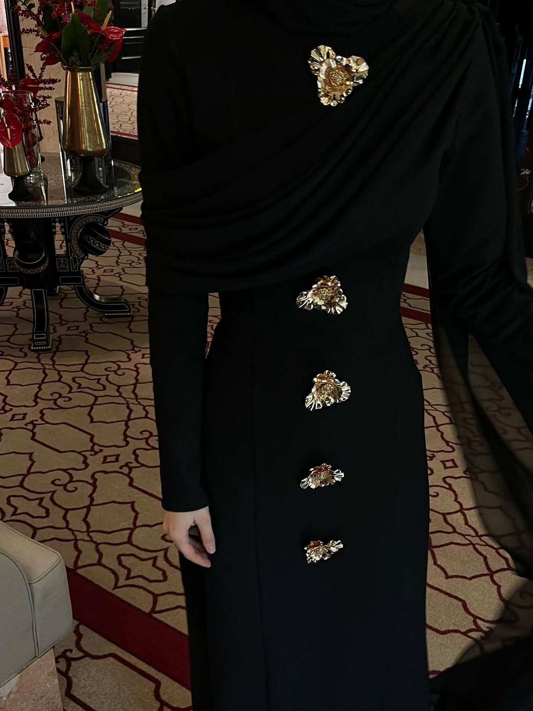 Black Turtleneck Cape Sleeve Gold Button Maxi Dress NorixaFashion.com