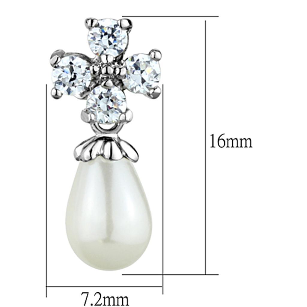 3W672 - Rhodium Brass Earrings with Synthetic Pearl in White LuxuryLifeWay Online Store