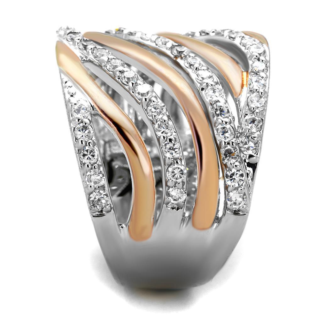 3W857 - Rose Gold + Rhodium Brass Ring with AAA Grade CZ in Clear LuxuryLifeWay Online Store