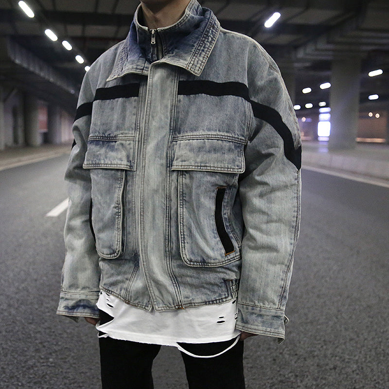 Vintage Wash Denim Jacket with Layered Collar for Men Pi-Mart