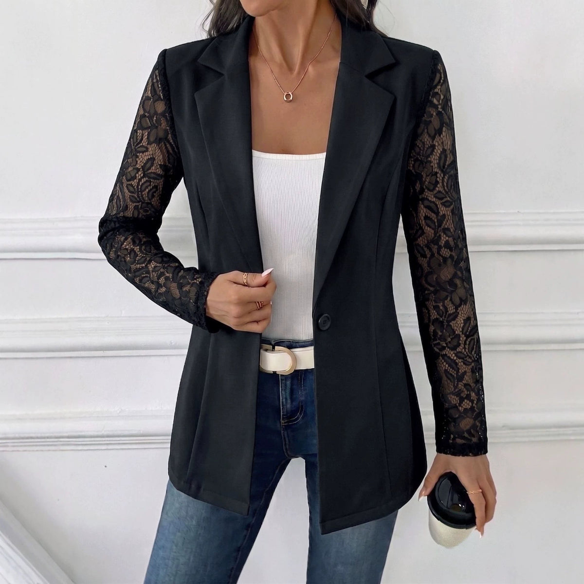 European And American Cross-border 2026 Autumn New Fashion Lapel Slim-fit One-button Blazer With Lace Long-sleeve Patchwork Jacket NorixaFashion.com