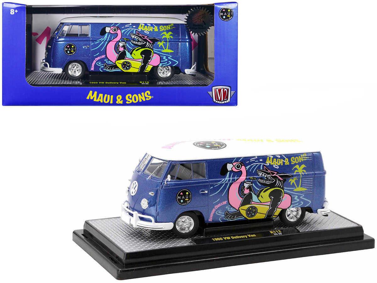 1960 Volkswagen Delivery Van Blue Metallic with White Top "Maui and Sons" Limited Edition to 6550 pieces Worldwide 1/24 Diecast Model Car by M2 Machines LuxuryLifeWay Online Store