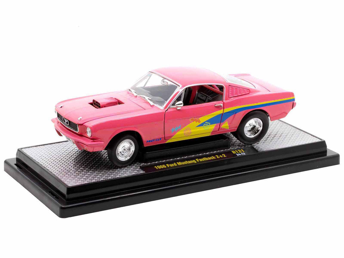 1966 Ford Mustang Fastback 2+2 Pink with Blue and Yellow Stripes "Pro Street" Limited Edition to 6250 pieces Worldwide 1/24 Diecast Model Car by M2 Machines LuxuryLifeWay Online Store