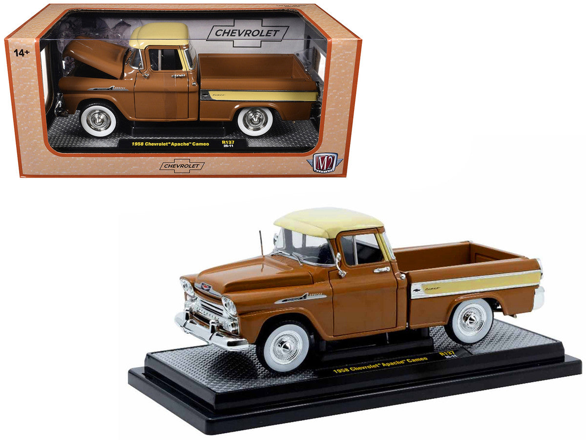 1958 Chevrolet Apache Cameo Pickup Truck Brown with Beige Top Limited Edition to 5250 pieces Worldwide 1/24 Diecast Model Car by M2 Machines LuxuryLifeWay Online Store