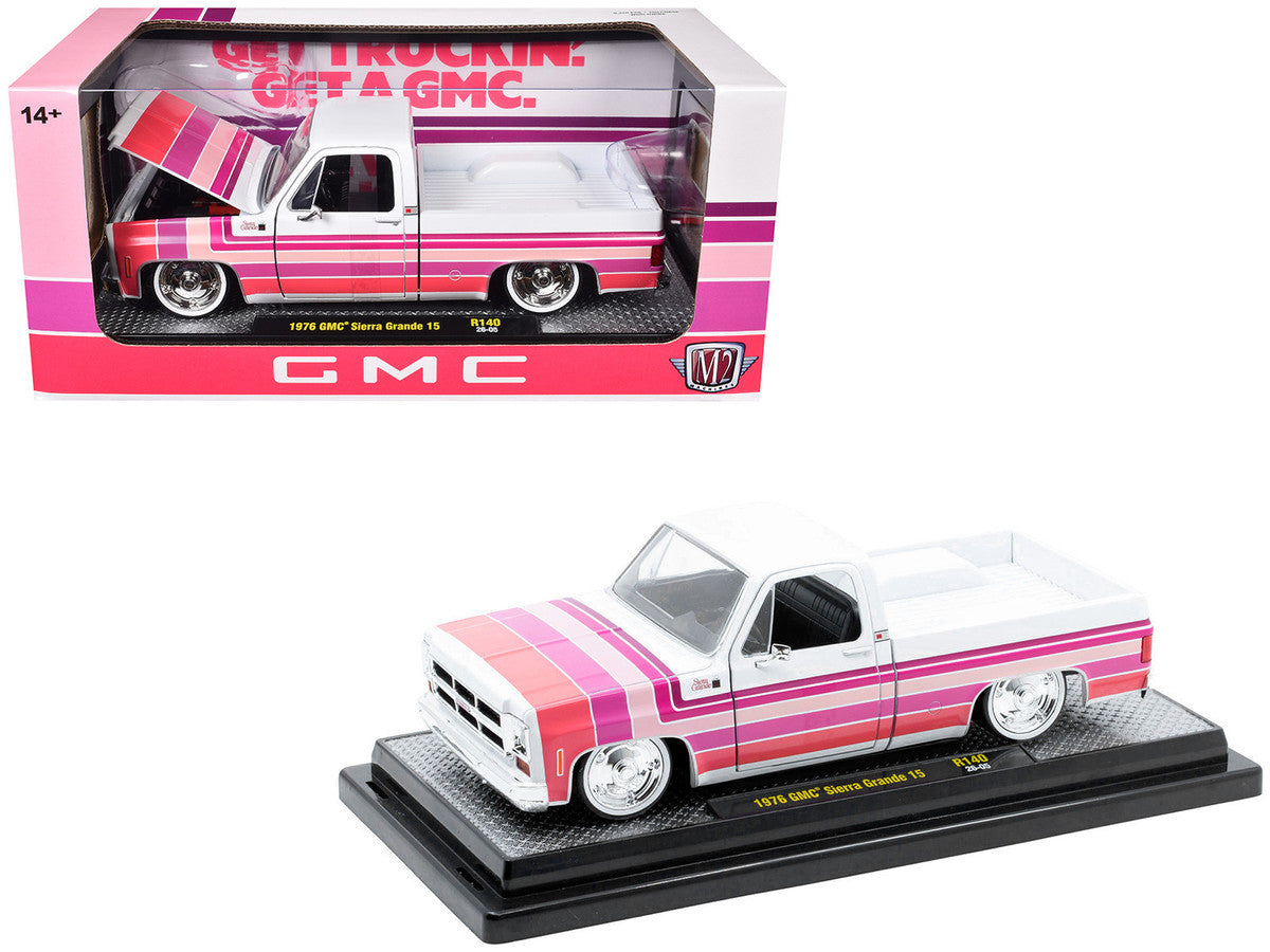 1976 GMC Sierra Grande 15 Pickup Truck White with Stripes Limited Edition to 9250 pieces Worldwide 1/24 Diecast Model Car by M2 Machines LuxuryLifeWay Online Store