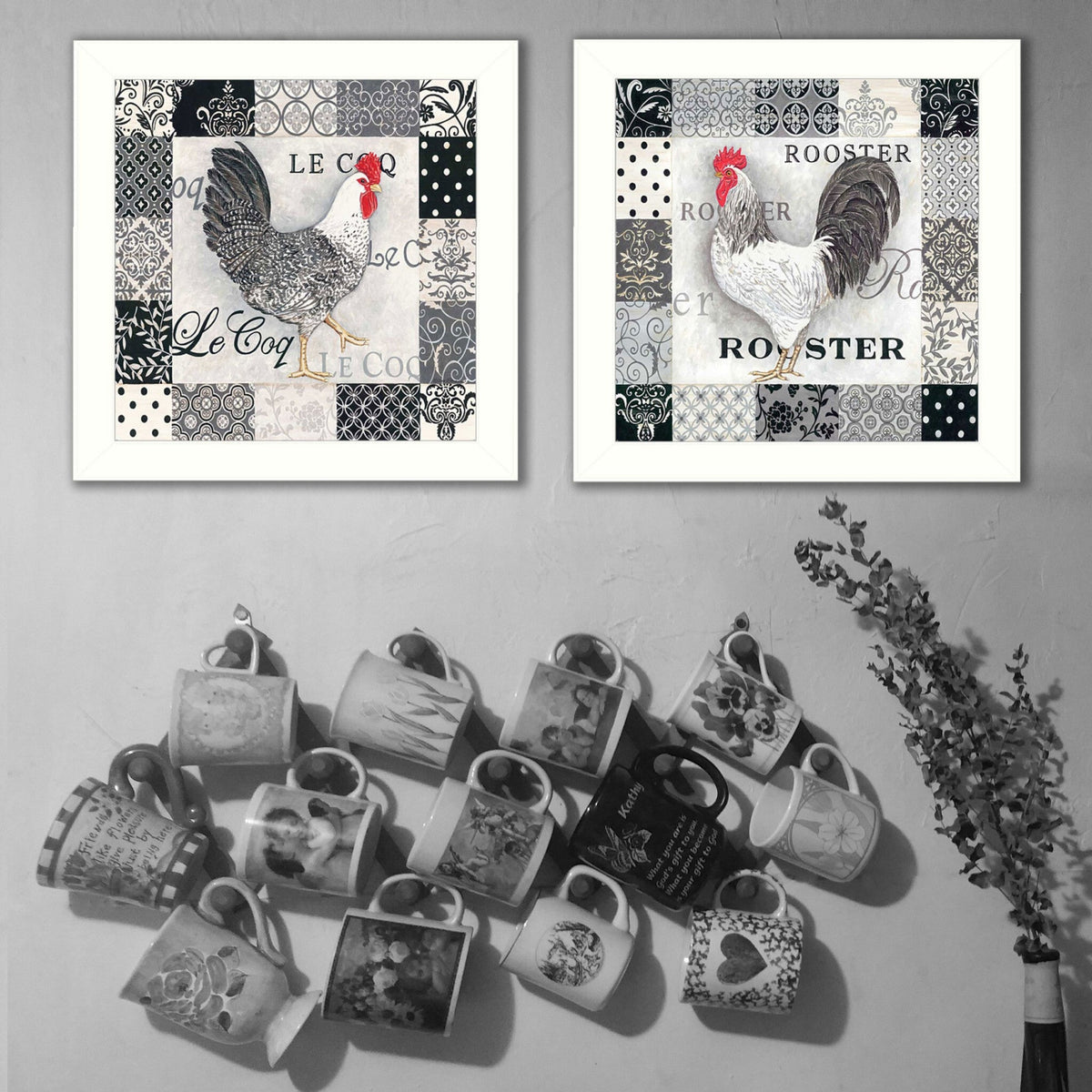 Set Of Two Black And White Rooster White Framed Print Wall Art LuxuryLifeWay Online Store
