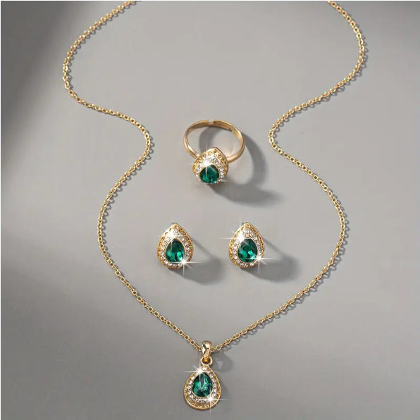Jewelry Suit Women's Water Drop Gem Series Necklace Earring Ring Bracelet Four-piece Set LadyShow.Store