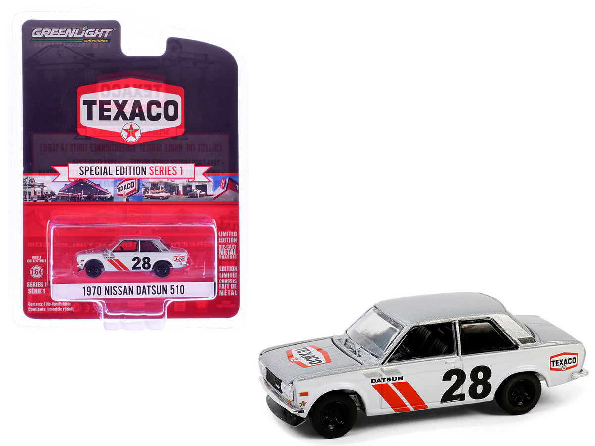 1970 Nissan Datsun 510 #28 "Texaco" Silver Metallic and White with Red Stripes "Texaco Special Edition" Series 1 1/64 Diecast Model Car by Greenlight LuxuryLifeWay Online Store