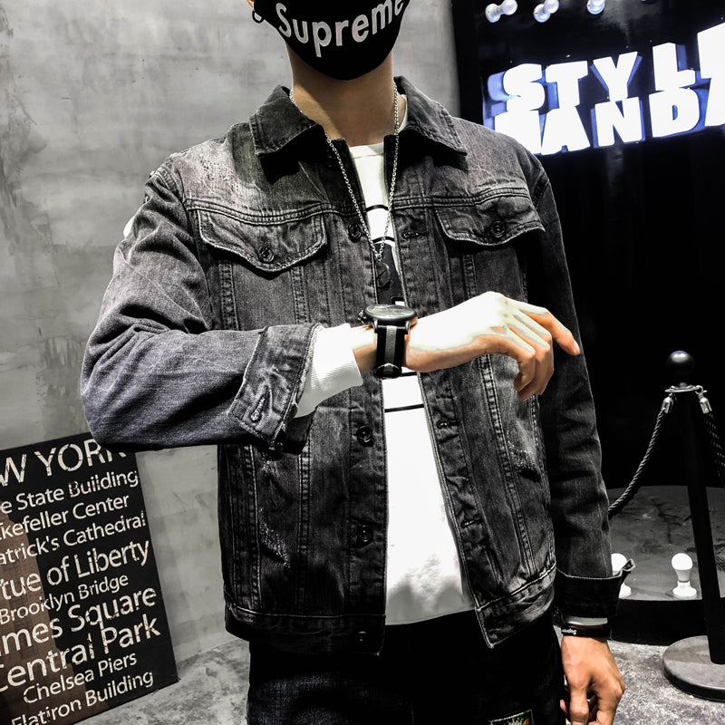 Boy Jeans Jacket Wolf Dog Embroidery Handsome Guy Slim Men's Jacket Best YouTube Store