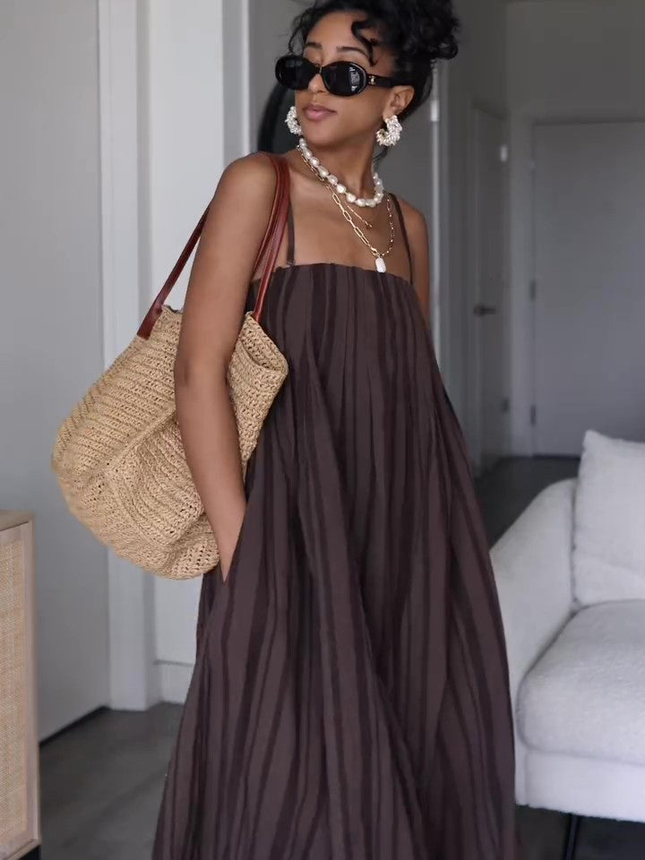 Brown Striped Suspender Pocket Loose Dress NorixaFashion.com