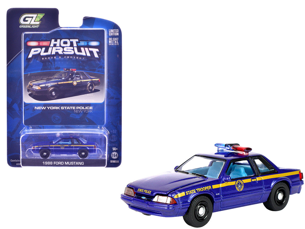 1988 Ford Mustang "New York State Police" Blue with Yellow Stripes and Blue Interior "Hot Pursuit" Series 8 1/64 Diecast Model Car by Greenlight LuxuryLifeWay Online Store