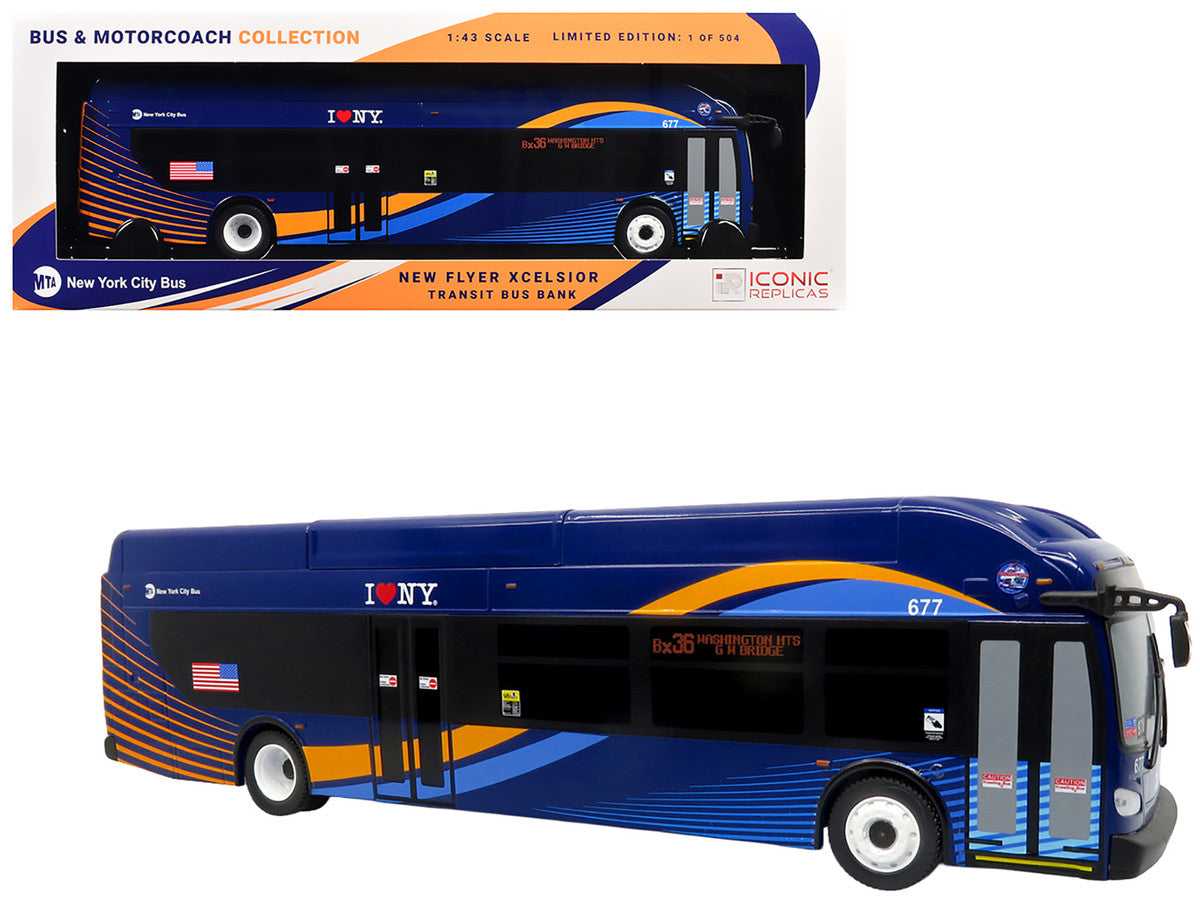 New Flyer Xcelsior Transit Bus Bank "MTA New York City" Blue with Graphics "The Bus & Motorcoach Collection" Limited Edition to 504 Pieces Worldwide 1/43 Model by Iconic Replicas LuxuryLifeWay Online Store