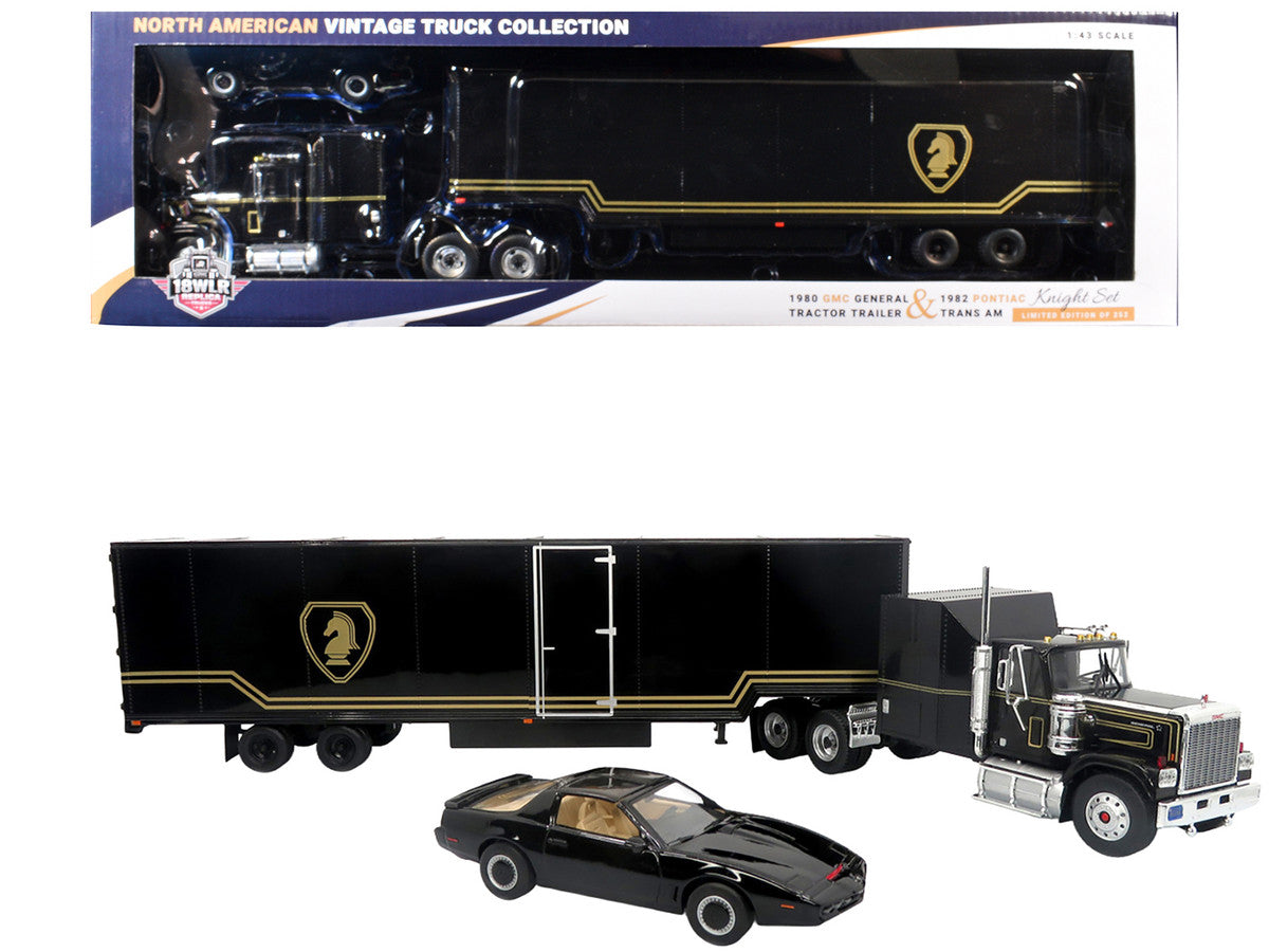 1980 GMC General Truck with Box Trailer Black with Gold Stripes and 1982 Pontiac Firebird Trans Am Black "Knight Set" "North American Vintage Truck Collection" Limited Edition to 252 pieces Worldwide 1/43 Diecast Model by Iconic Replicas LuxuryLifeWay Online Store
