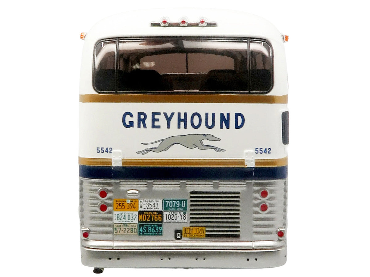 GM PD-4501 Scenicruiser Coach Bus "Greyhound Bus Lines - 50th Anniversary" Raw Metal with Blue and White Top and Gold Stripes "The Bus & Motorcoach Collection" 1/43 Plastic Model by Iconic Replicas LuxuryLifeWay Online Store
