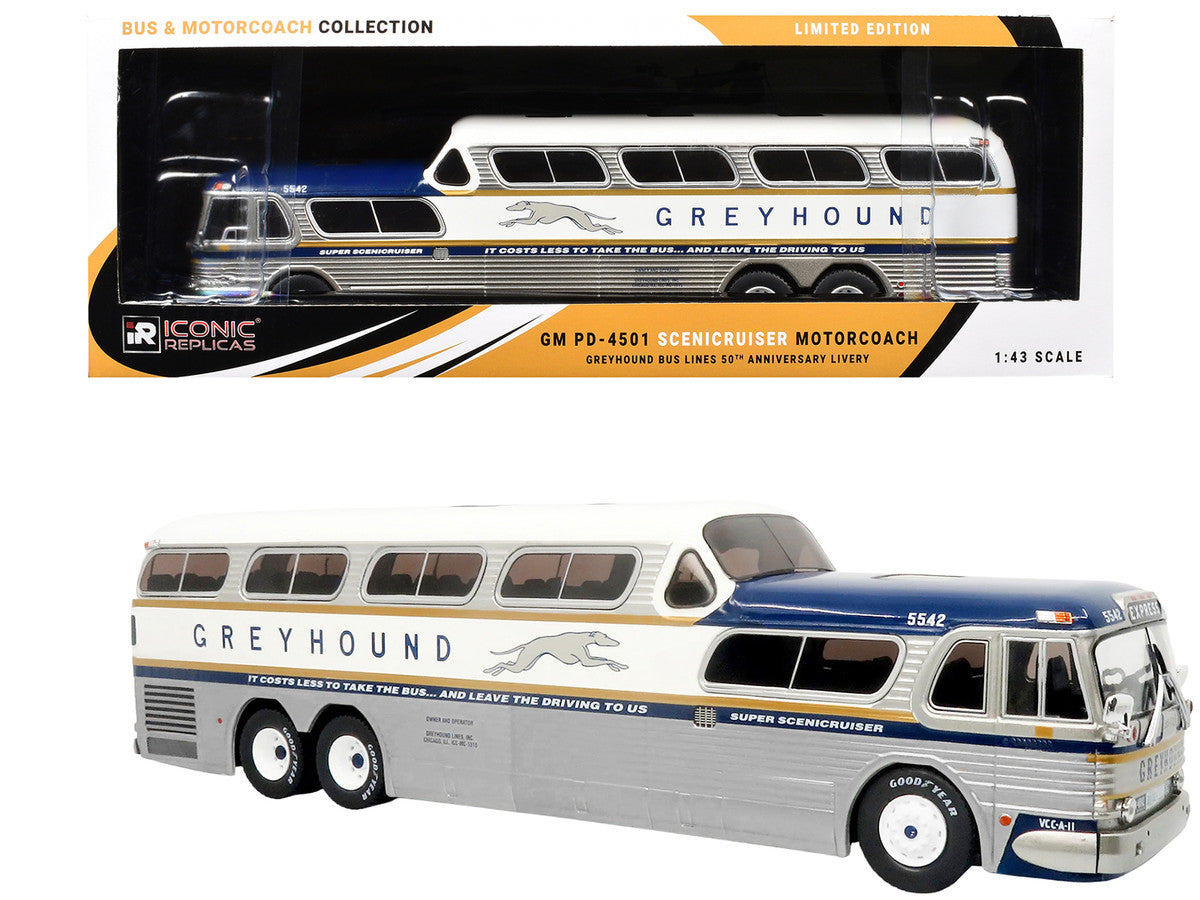 GM PD-4501 Scenicruiser Coach Bus "Greyhound Bus Lines - 50th Anniversary" Raw Metal with Blue and White Top and Gold Stripes "The Bus & Motorcoach Collection" 1/43 Plastic Model by Iconic Replicas LuxuryLifeWay Online Store