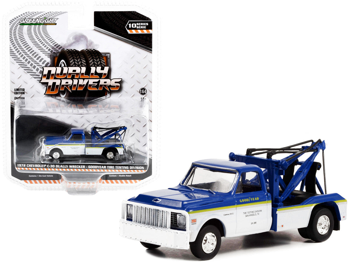 1972 Chevrolet C-30 Dually Wrecker Truck White and Blue with Yellow Stripes "Goodyear Tire Testing Division" "Dually Drivers" Series 10 1/64 Diecast Model Car by Greenlight LuxuryLifeWay Online Store