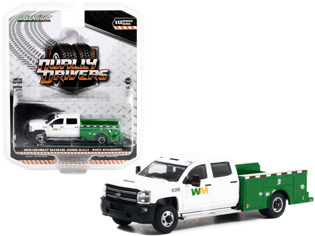 2018 Chevrolet Silverado 3500HD Dually Service Truck White and Green "Waste Management" "Dually Drivers" Series 10 1/64 Diecast Model Car by Greenlight LuxuryLifeWay Online Store