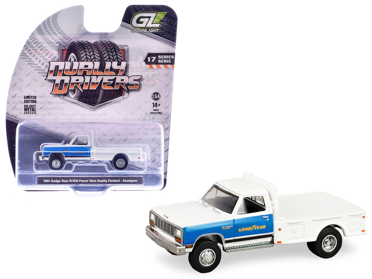 1981 Dodge Ram W350 Power Ram Dually Flatbed Truck "Goodyear" White with Blue Sides "Dually Drivers" Series 17 1/64 Diecast Model Car by Greenlight LuxuryLifeWay Online Store