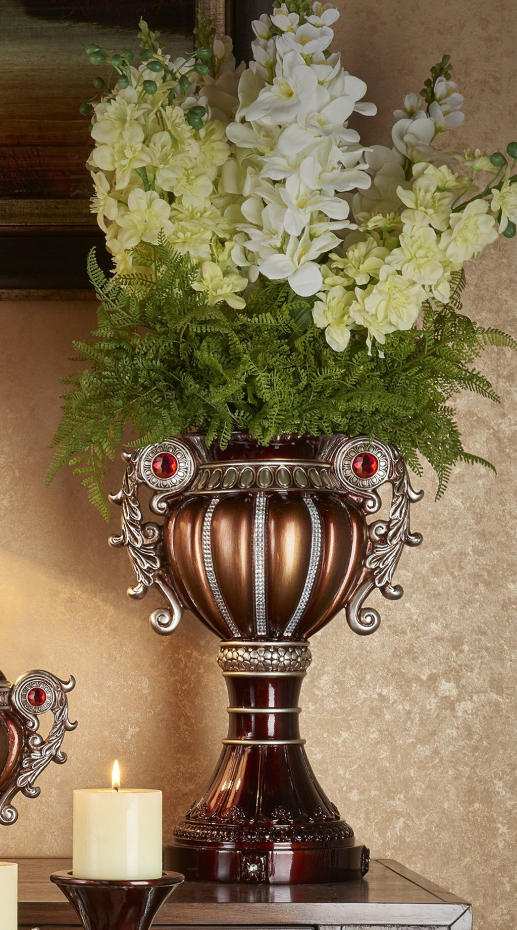 18" Bronze and Silver Floral Urn Polyresin Table Vase With Stones LuxuryLifeWay Online Store