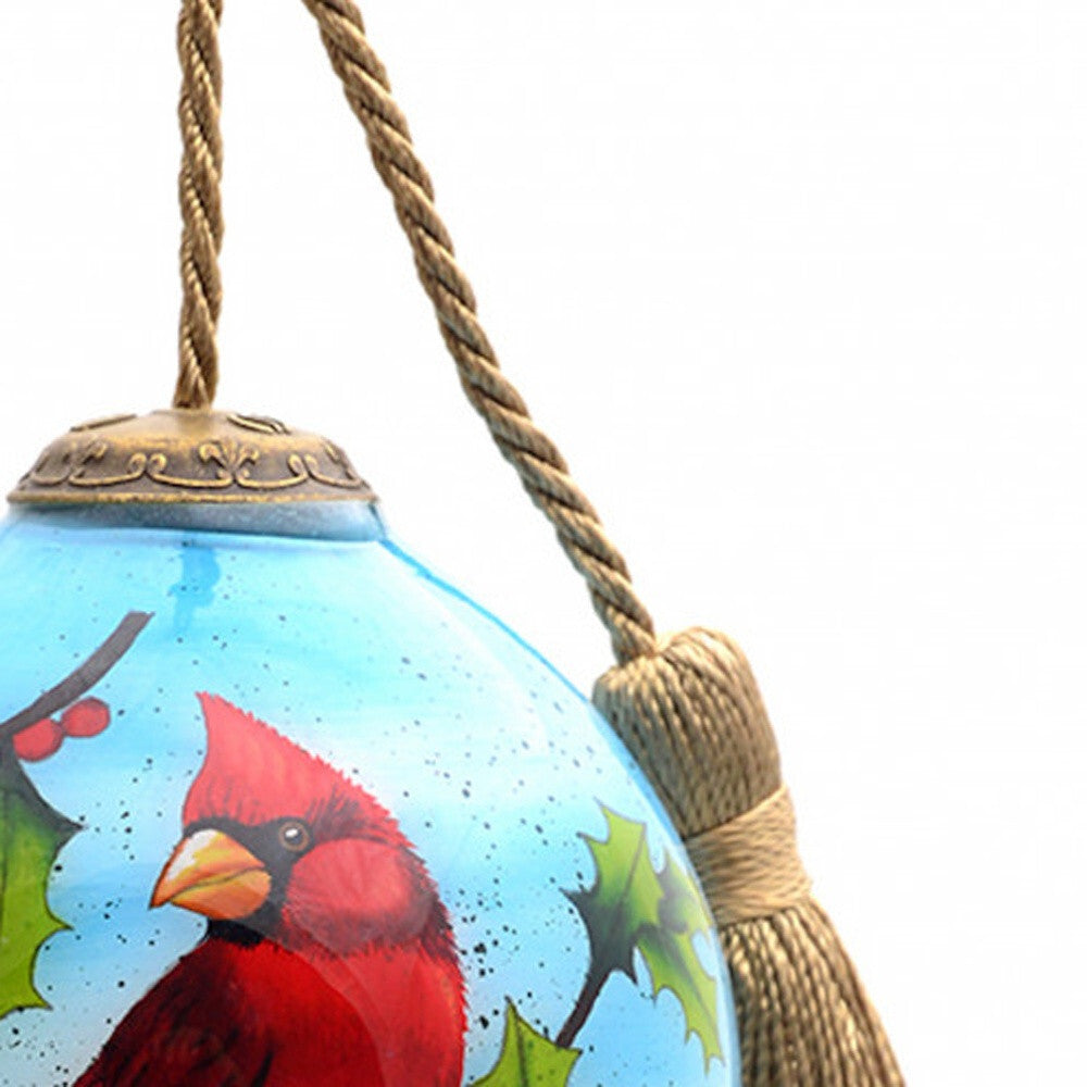 Red Cardinal on Christmas Holly Branches Hand Painted Mouth Blown Glass Ornament LuxuryLifeWay Online Store