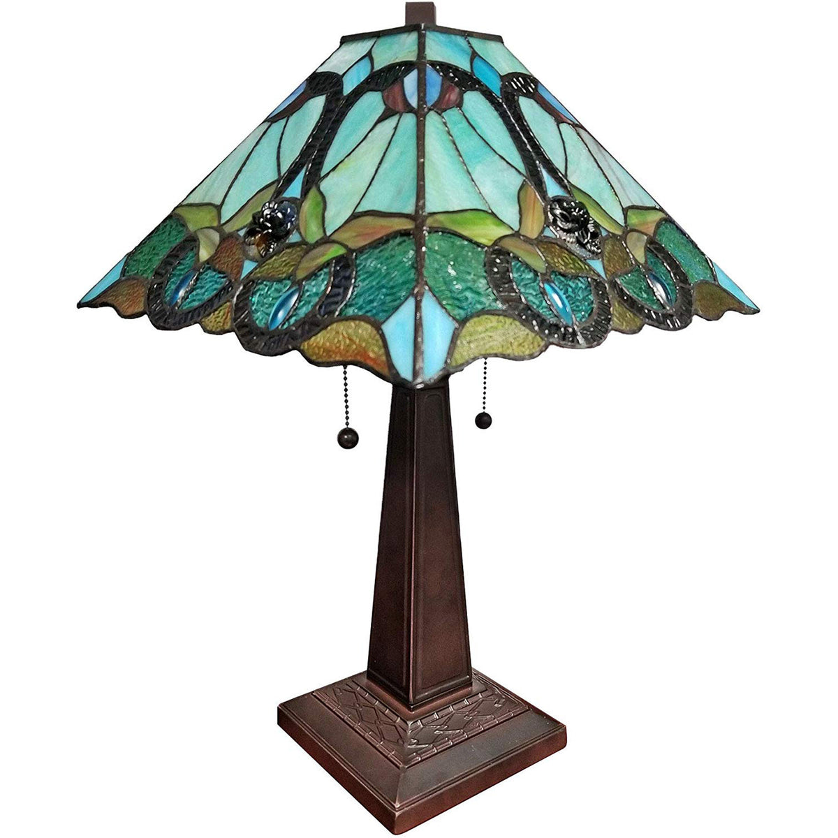 23" Dark Brown Metal Two Light Table Lamp With Blue and Green Cone Shade LuxuryLifeWay Online Store