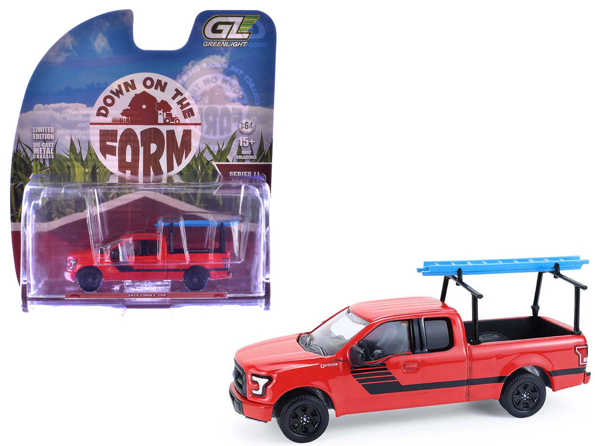 2015 Ford F-150 Pickup Truck with Ladder Rack Red with Black Stripes "Down on the Farm" Series 11 1/64 Diecast Model by Greenlight LuxuryLifeWay Online Store