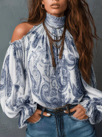 Retro Cashew-print High-neck Off-shoulder Chiffon Blouse NorixaFashion.com