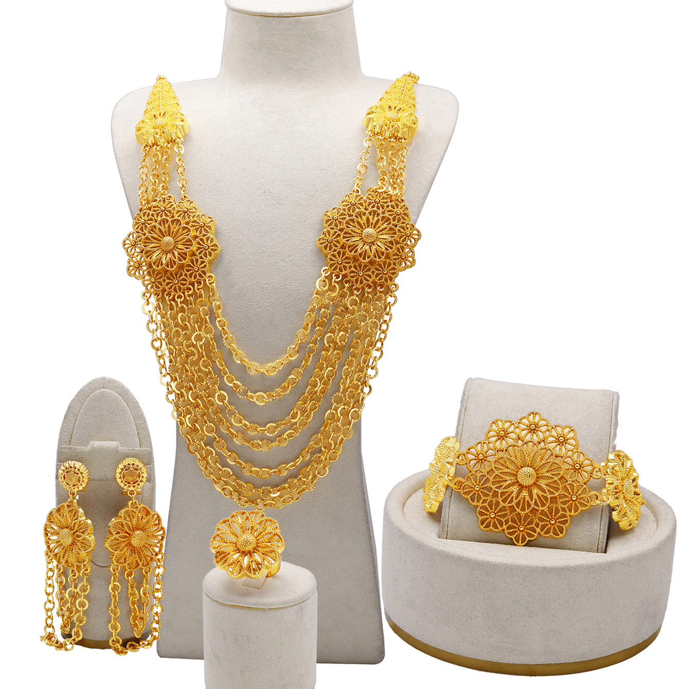 24K Gold Flower Necklace Earring Ring Bracelet Set LadyShow.Store