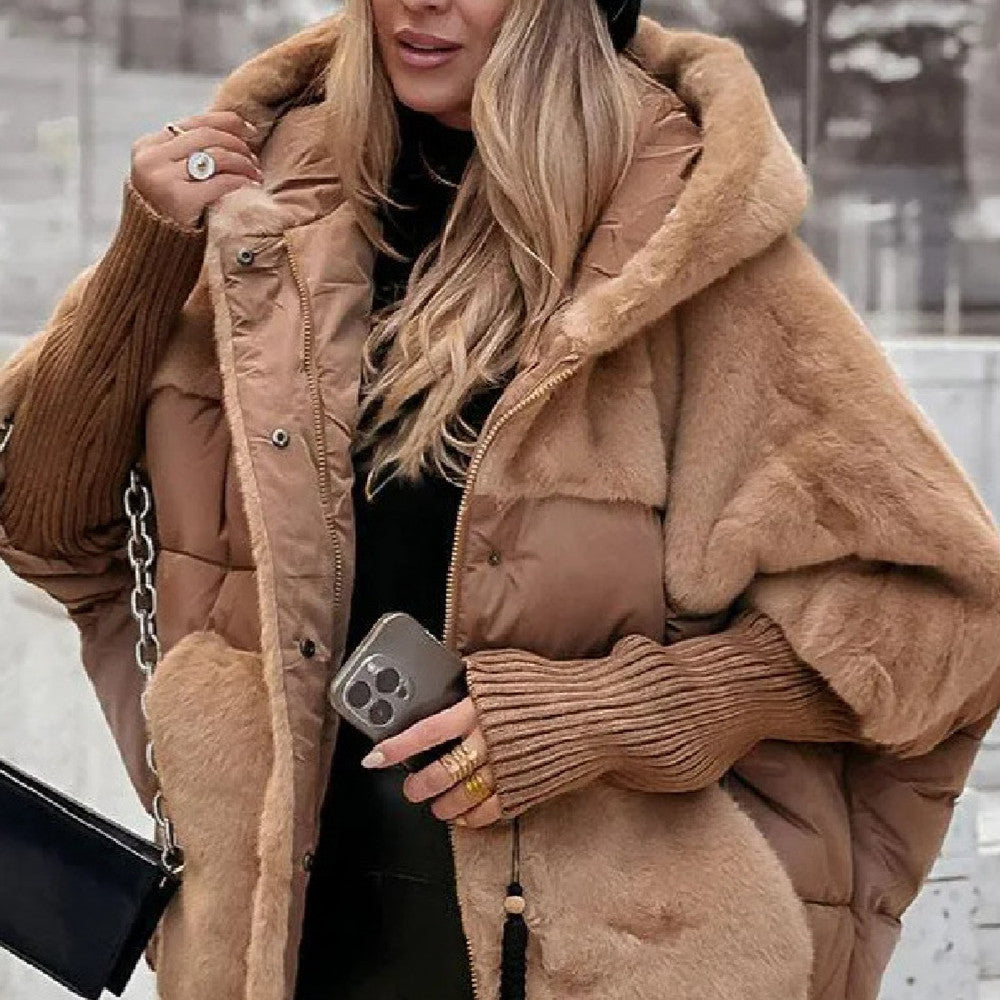 Women's Loose Cotton Coat Faux Fur Patchwork Winter Coat Comfort Chic Long Sleeve Hooded Jacket LadyShow.Store