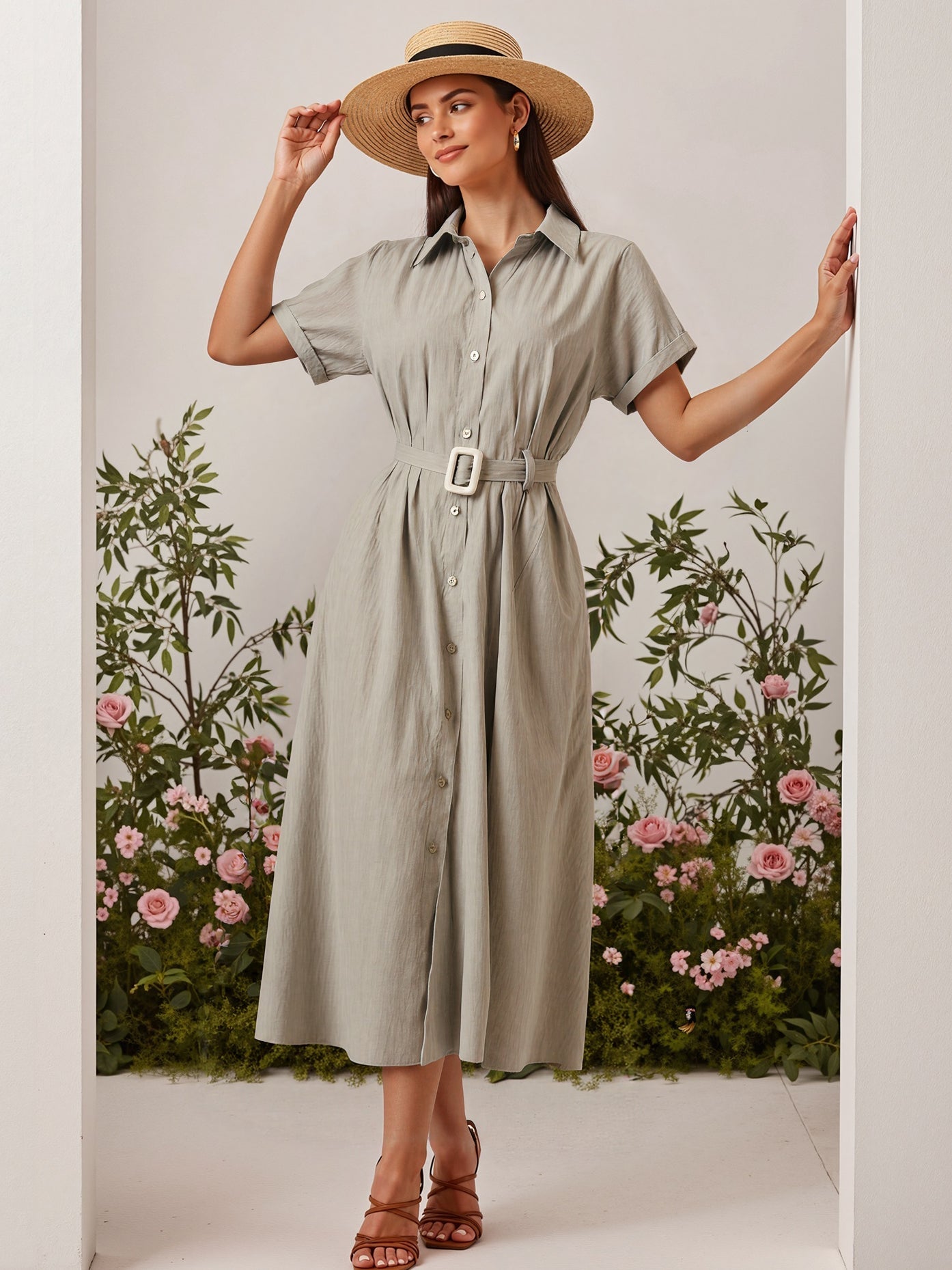 Short-Sleeve Shirt Waist-Cinched Maxi Dress NorixaFashion.com