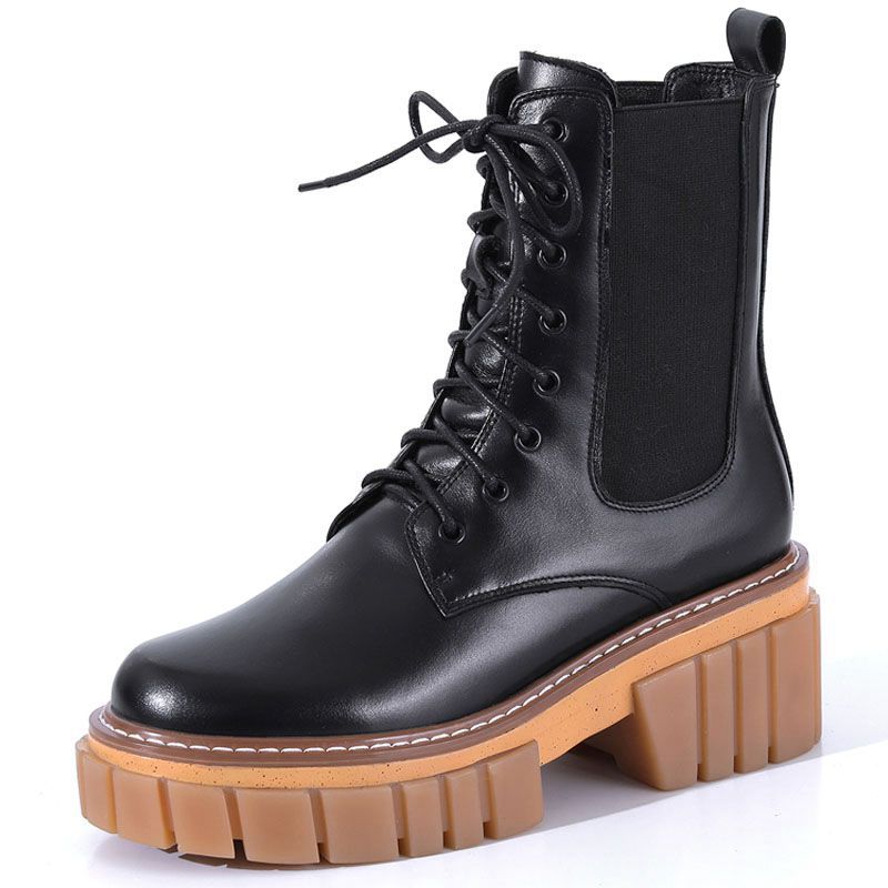 Round Toe High Heeled Leather Platform Retro Martin Ankle Boots LadyShow.Store