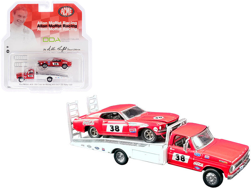 Ford F-350 Ramp Truck #38 Red and White with 1969 Ford Mustang Trans Am #38 Red "Coca-Cola" Allan Moffat Racing "DDA Collectibles" Series "ACME Exclusive" 1/64 Diecast Model Cars by Greenlight for ACME LuxuryLifeWay Online Store