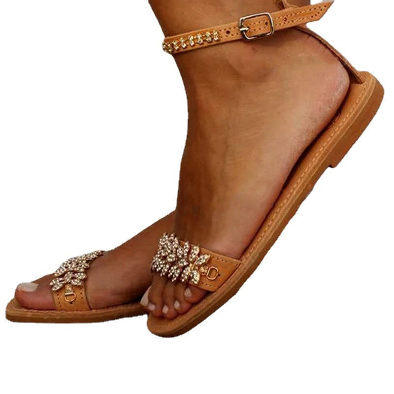 New Women's Word Buckle Strap Fashion Rhinestone Flat Large Size Sandals LadyShow.Store