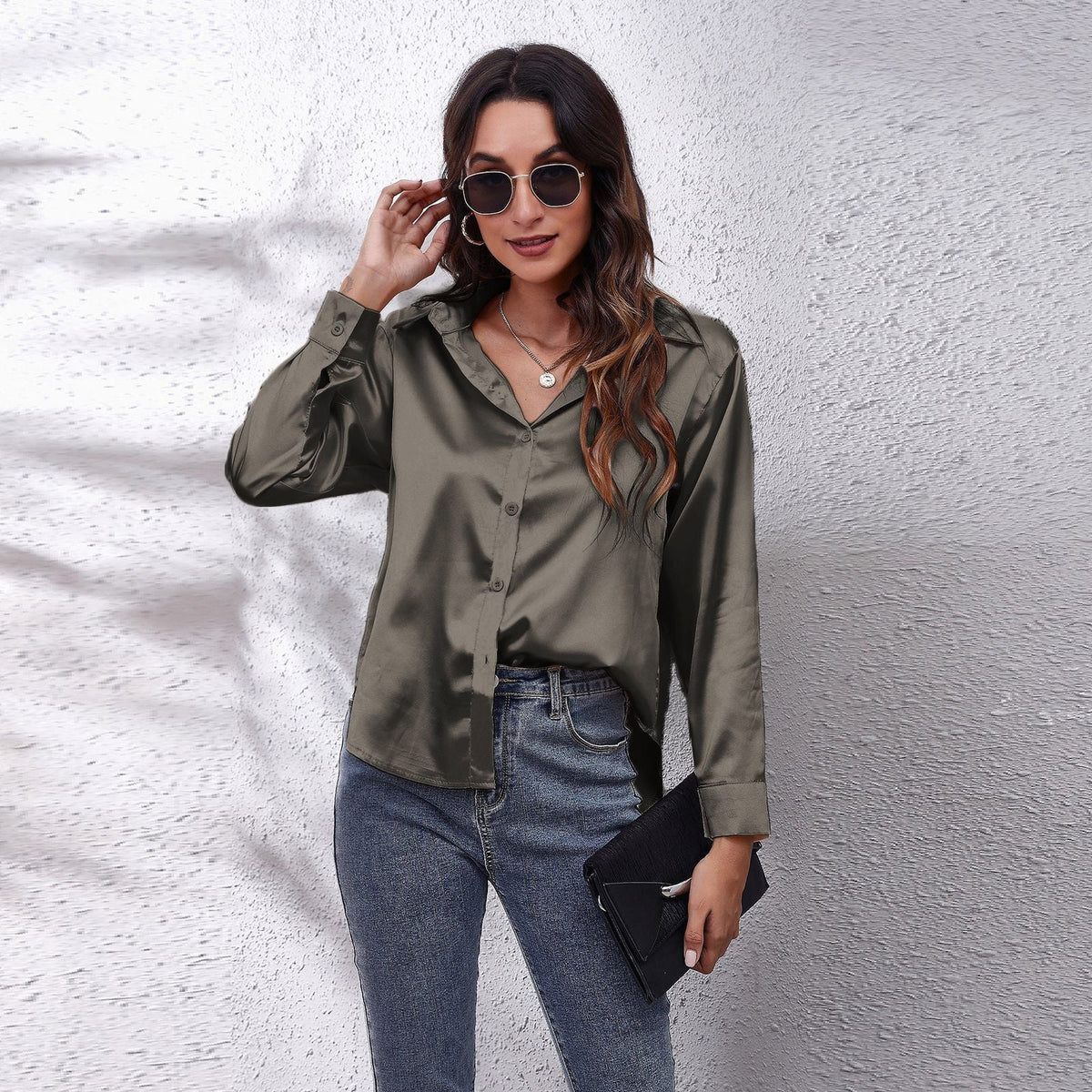 Women's Solid Color Satin Satin Long Sleeve Blouse NorixaFashion.com